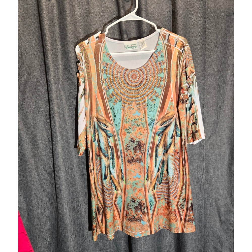 Patchington Tunic Top Aztec Print Embellished Short Sleeve Blouse Size L‎